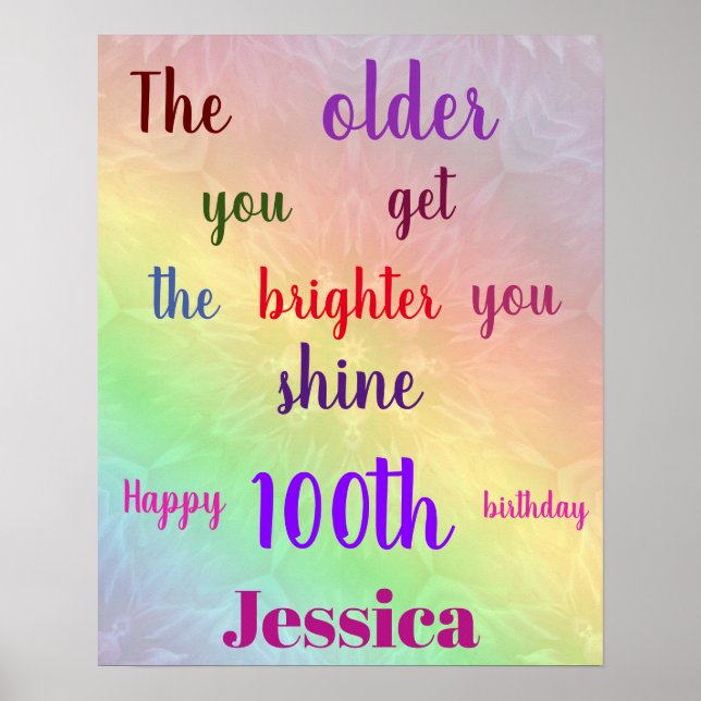 Pretty personalised colourful 100th Birthday Name Poster (Front)