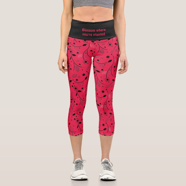 Pretty | Personalised | Crimson Red | Floral Print Capri Leggings (Front)