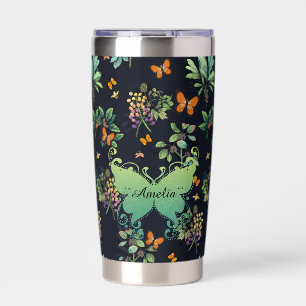 Pretty Personalised Dark Floral Butterfly Pattern Insulated Tumbler