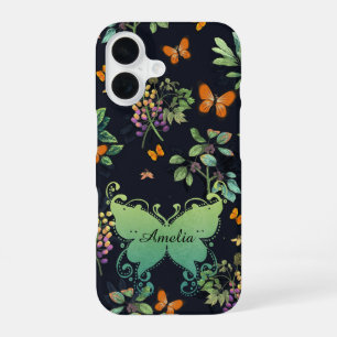 Pretty Personalised Dark Floral Butterfly Pattern iPhone 16 Case