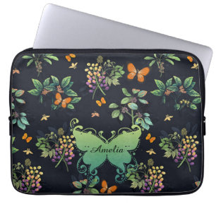 Pretty Personalised Dark Floral Butterfly Pattern Laptop Sleeve