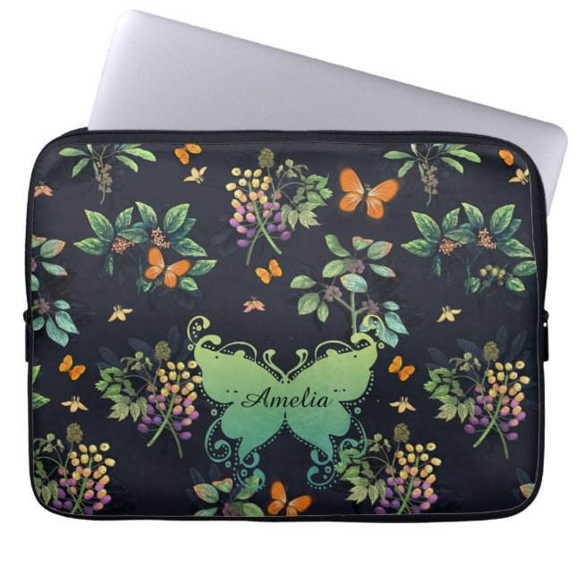 Pretty Personalised Dark Floral Butterfly Pattern Laptop Sleeve (Front)