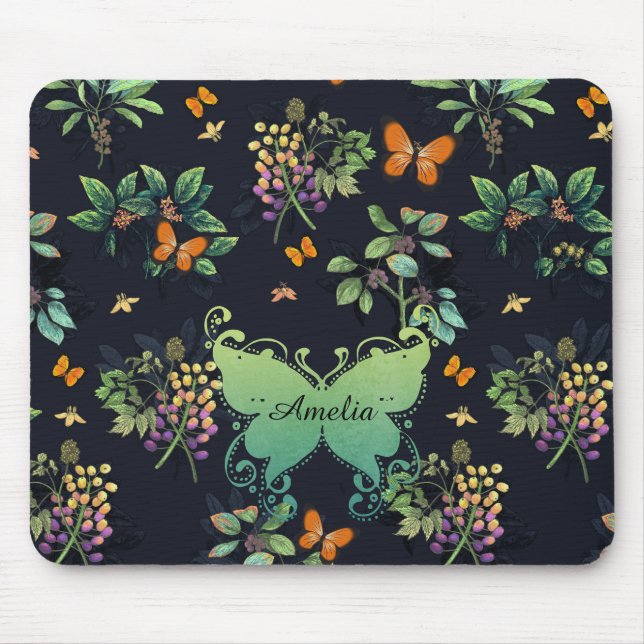 Pretty Personalised Dark Floral Butterfly Pattern Mouse Pad (Front)