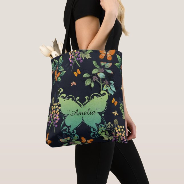Pretty Personalised Dark Floral Butterfly Pattern Tote Bag (Close Up)