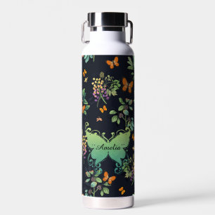 Pretty Personalised Dark Floral Butterfly Pattern Water Bottle