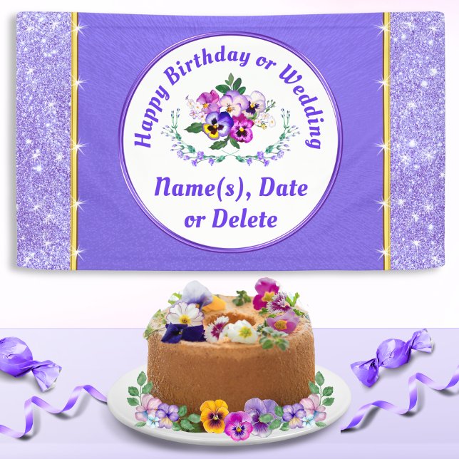 Pretty Personalised, Floral Happy Birthday Banner (Pansy Birthday, Banner. Pansies Wedding or any Pansy Birthday Decorations. Purple Birthday Banner.)
