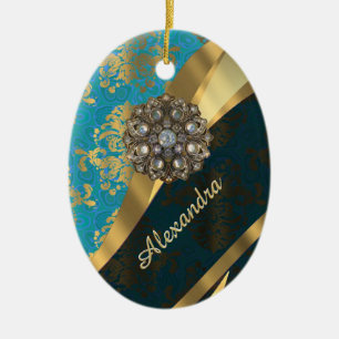 Pretty personalised girly aqua damask pattern ceramic ornament