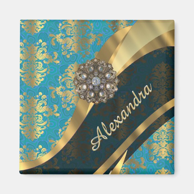 Pretty personalised girly aqua damask pattern magnet (Front)