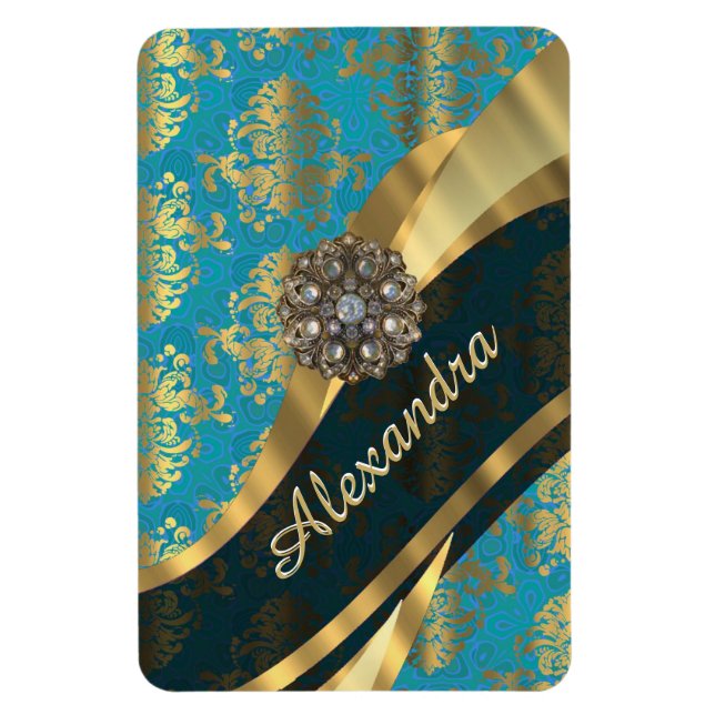 Pretty personalised girly aqua damask pattern magnet (Vertical)