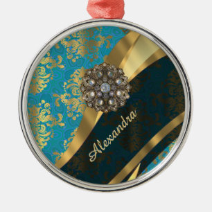 Pretty personalised girly aqua damask pattern metal tree decoration