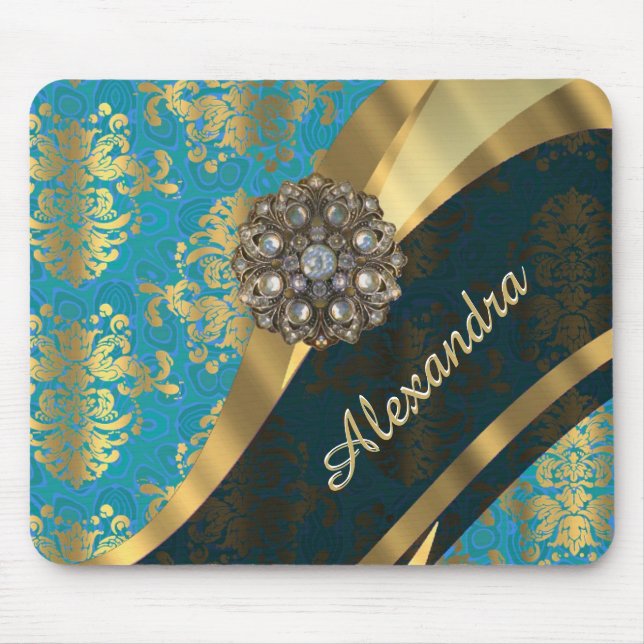 Pretty personalised girly aqua damask pattern mouse pad (Front)