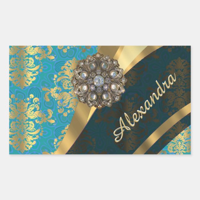 Pretty personalised girly aqua damask pattern rectangular sticker (Front)