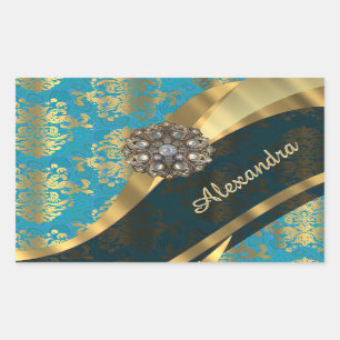 Pretty personalised girly aqua damask pattern rectangular sticker