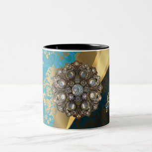 Pretty personalised girly aqua damask pattern Two-Tone coffee mug