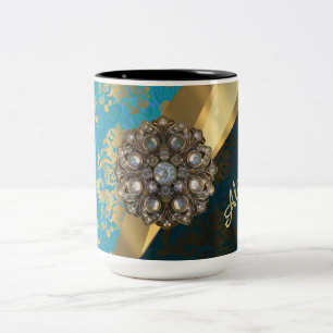 Pretty personalised girly aqua damask pattern Two-Tone coffee mug