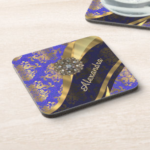 Pretty personalised girly blue damask pattern coaster