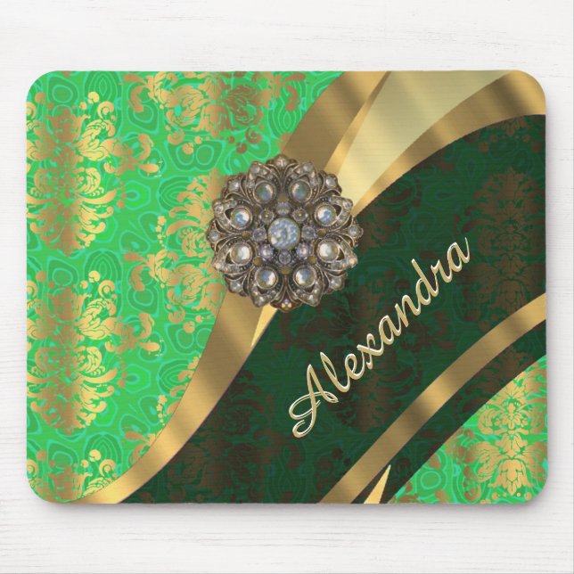 Pretty personalised girly green damask pattern mouse pad (Front)