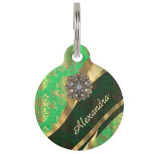Pretty personalised girly green damask pattern pet tag