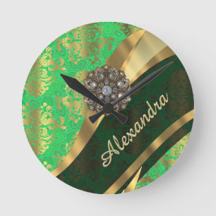 Pretty personalised girly green damask pattern round clock