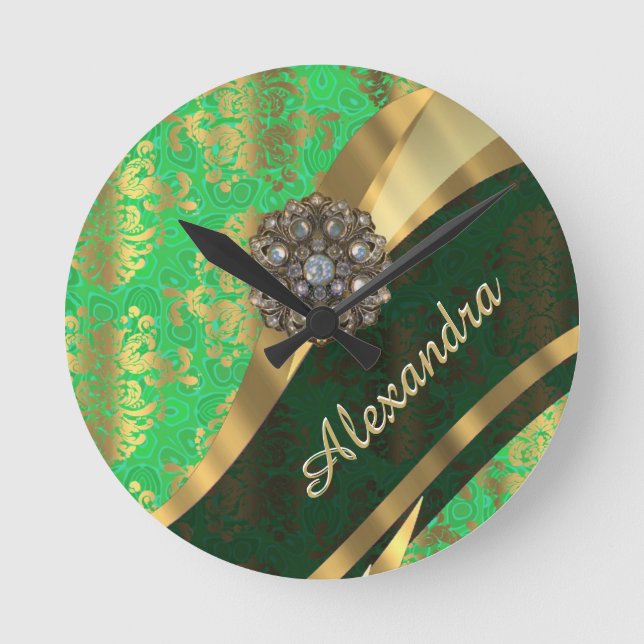 Pretty personalised girly green damask pattern round clock (Front)