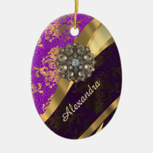 Pretty personalised girly purple damask patten ceramic tree decoration