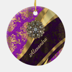 Pretty personalised girly purple damask patten ceramic tree decoration