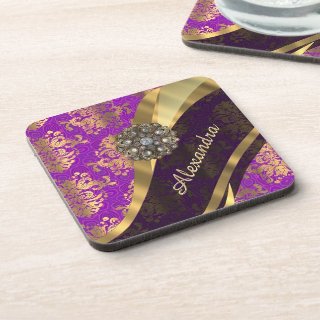 Pretty personalised girly purple damask patten coaster (Left Side)