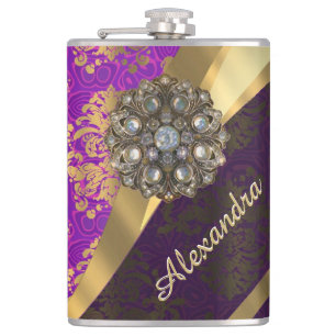 Pretty personalised girly purple damask patten hip flask