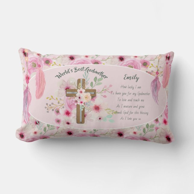 Pretty Personalised GODMOTHER Poem Pink Floral  Lumbar Cushion (Front)