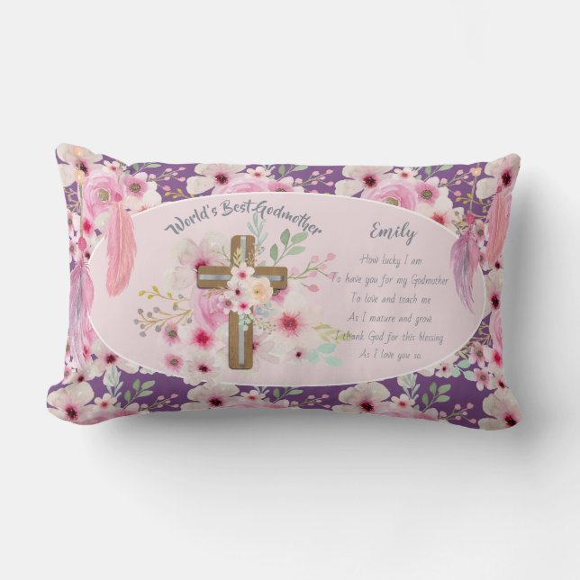 Pretty Personalised GODMOTHER Poem Pink Floral  Lumbar Cushion (Front)