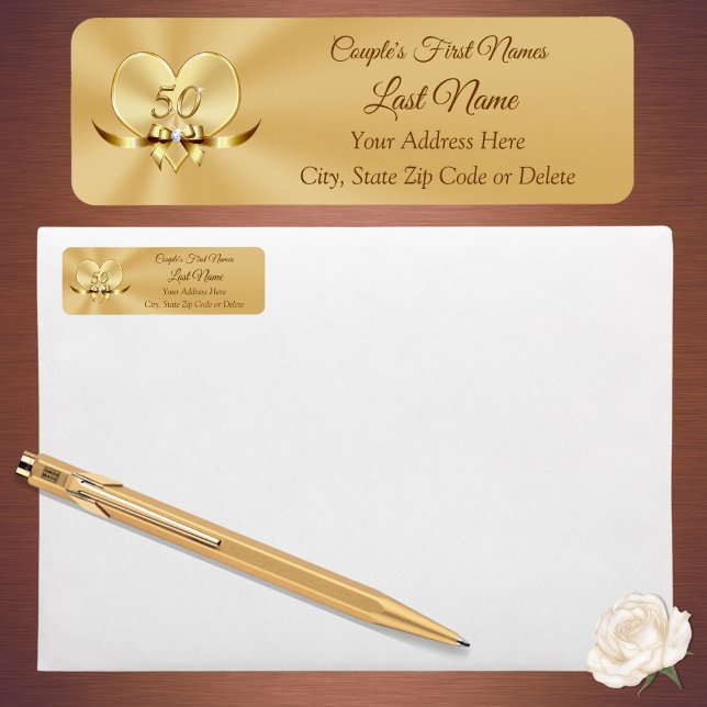 Pretty Personalised Gold Address Return Labels (Gold, 50th Return address labels. Golden wedding anniversary party supplies. 50 year anniversary.)