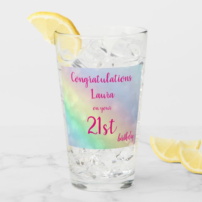 Pretty personalised Happy 21st Birthday Glass (Front Ice)