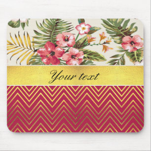 Pretty Personalised Hibiscus and Chevrons Mouse Pad