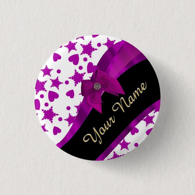 Pretty personalised magenta girly patterned 3 cm round badge (Front)