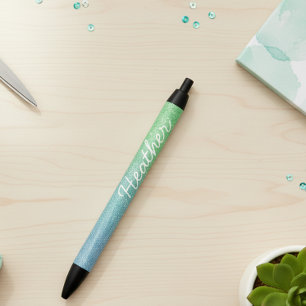 Pretty Personalised Name Ombre Glitter Blue Green Black Ink Pen