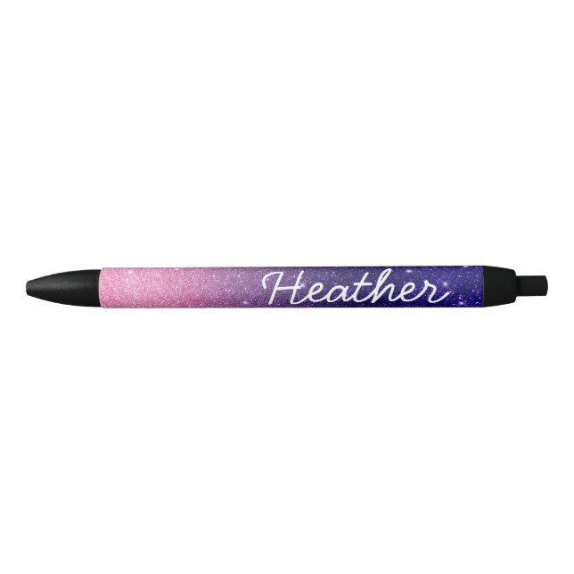 Pretty Personalised Name Ombre Glitter Purple Pink Black Ink Pen (Front)