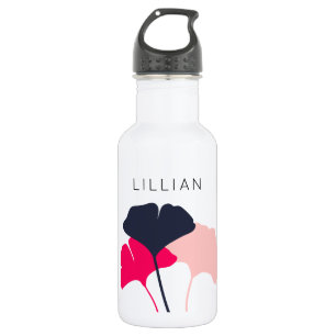 Pretty Personalised Navy Blue & Pink Ginkgo Leaves 532 Ml Water Bottle