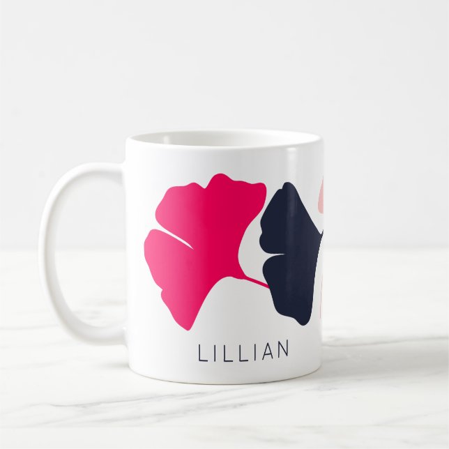 Pretty Personalised Navy Blue & Pink Ginkgo Leaves Coffee Mug (Left)