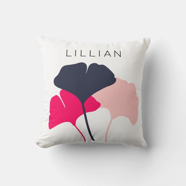 Pretty Personalised Navy Blue & Pink Ginkgo Leaves Cushion (Front)