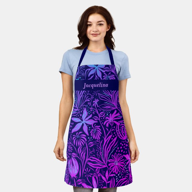 Pretty Personalised Navy Hot Pink Floral Apron (Worn)