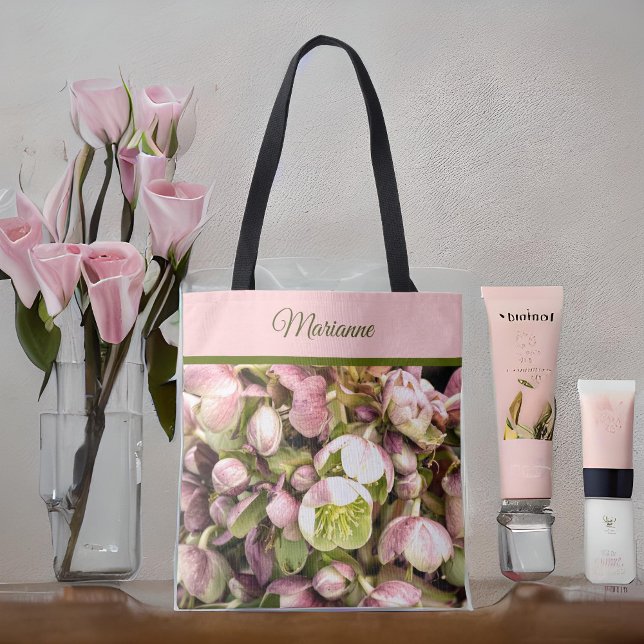 Pretty Personalised Pink and Olive Hellebore Tote Bag (Creator Uploaded)