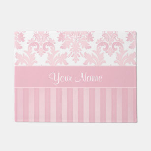 Pretty Personalised Pink Damask and Stripes Doormat