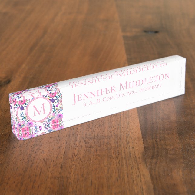 Pretty Personalised Pink Floral Monogram Nameplate (Side)