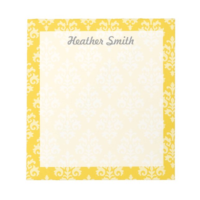 Pretty Personalised Yellow Damask Notepad (Front)