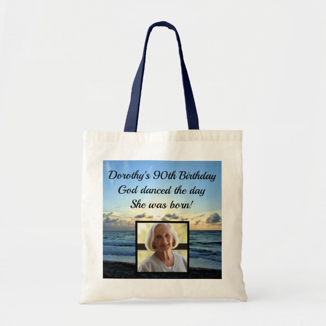PRETTY PERSONALIZED 90TH BIRTHDAY PHOTO TOTE BAG (Front)
