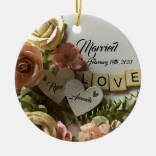 Pretty Personalized Bride & Groom Floral Married Ceramic Ornament