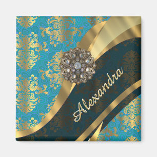 Pretty personalized girly aqua damask pattern magnet