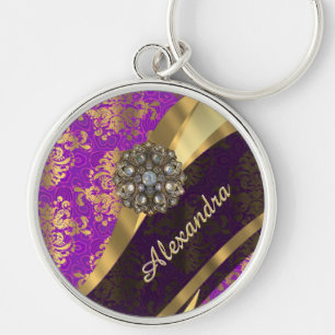 Pretty personalized girly purple damask patten key ring