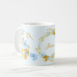 Pretty Personalized Gold Blue Winter Floral Coffee Mug