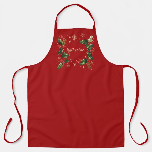 Pretty Personalized Holly & Snowflakes Xmas Apron (Front)